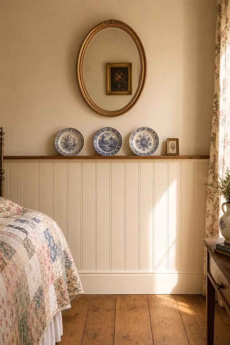 14 Cozy English Cottage Bedroom Ideas Full of Character 5 Tongue-and-groove paneling painted in warm off-white with transferware plates on a pine shelf and a gilt mirror above in an english cottage bedroom.