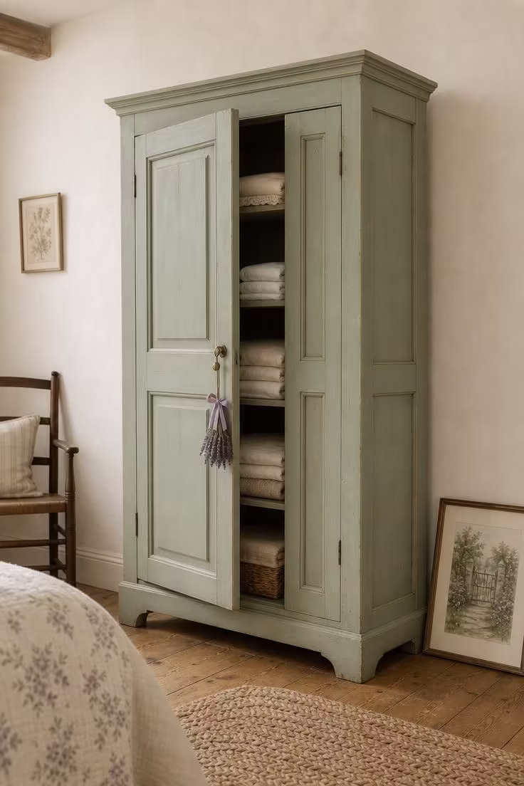 14 Cozy English Cottage Bedroom Ideas Full of Character 6 A tall sage green painted pine wardrobe with one door ajar showing folded linen and a lavender sachet in an english cottage bedroom.