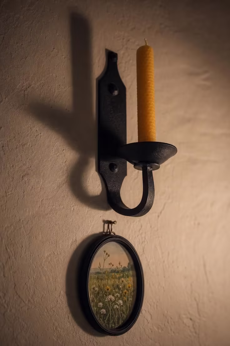 14 Cozy English Cottage Bedroom Ideas Full of Character 7 A matte black wrought-iron candle sconce with a beeswax taper on a lime-plaster wall above a small oval watercolor in a cottage bedroom.