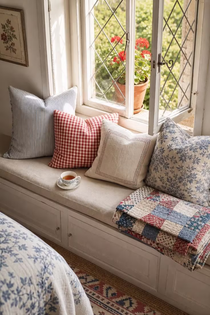 14 Cozy English Cottage Bedroom Ideas Full of Character 8 An overhead view of a window seat with mixed ticking stripe, gingham, and floral cushions beside a patchwork quilt and teacup in an english cottage bedroom.