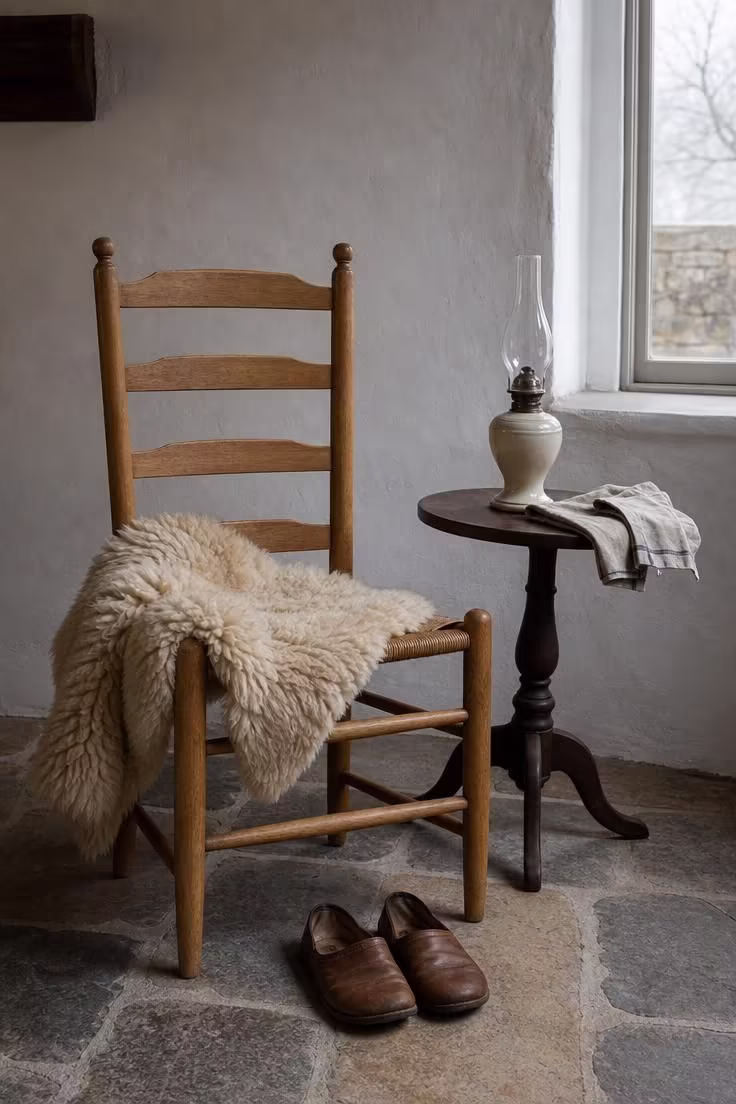14 Cozy English Cottage Bedroom Ideas Full of Character 9 A cream sheepskin draped over a ladder-back oak chair beside a walnut side table with a ceramic oil lamp on a flagstone floor in a cottage bedroom.