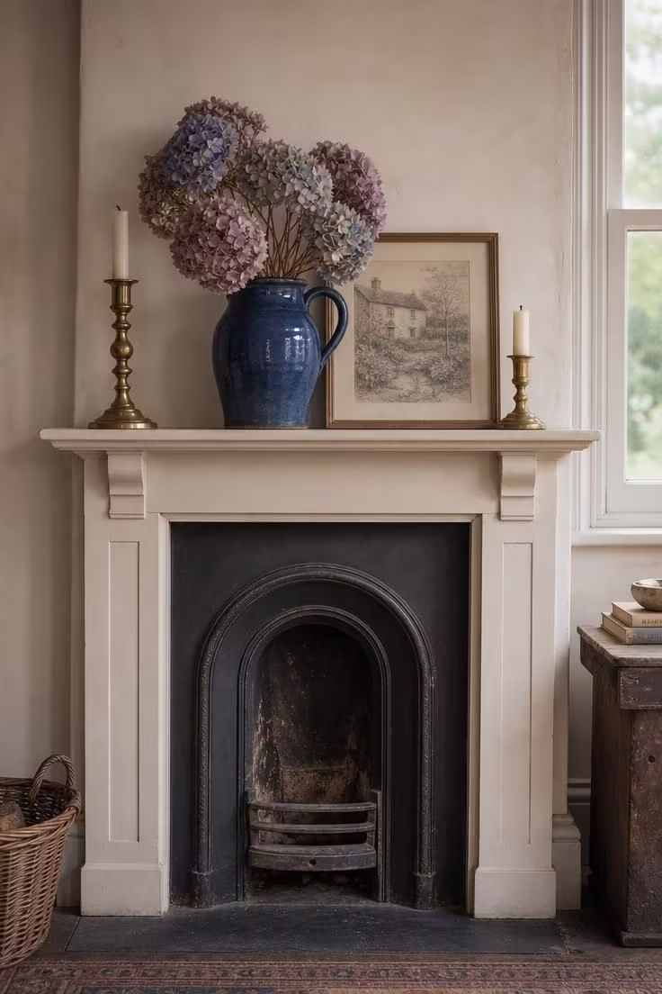 14 Cozy English Cottage Bedroom Ideas Full of Character 10 Dried hydrangea stems in a cobalt blue stoneware jug on a cream mantelpiece flanked by brass candlesticks above a cast-iron fireplace in a cottage bedroom.