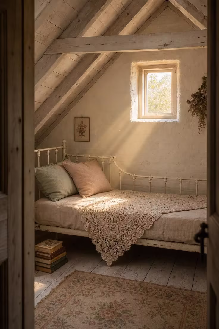 14 Cozy English Cottage Bedroom Ideas Full of Character 11 A cream crocheted throw draped over a whitewashed iron daybed beneath exposed rafters with golden afternoon light in a cottage bedroom.