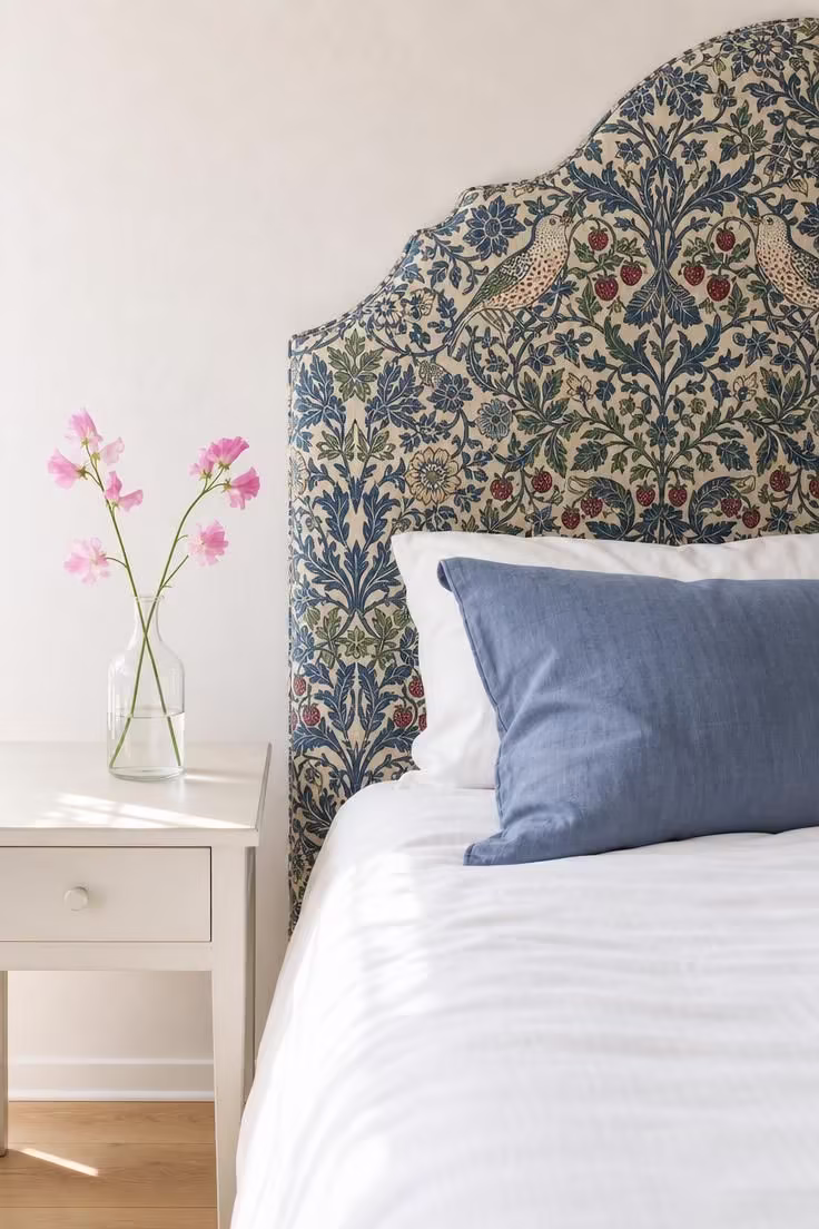 14 Cozy English Cottage Bedroom Ideas Full of Character 12 A tall headboard upholstered in William Morris Strawberry Thief print in indigo and green with white bedding and sweet peas on the nightstand.