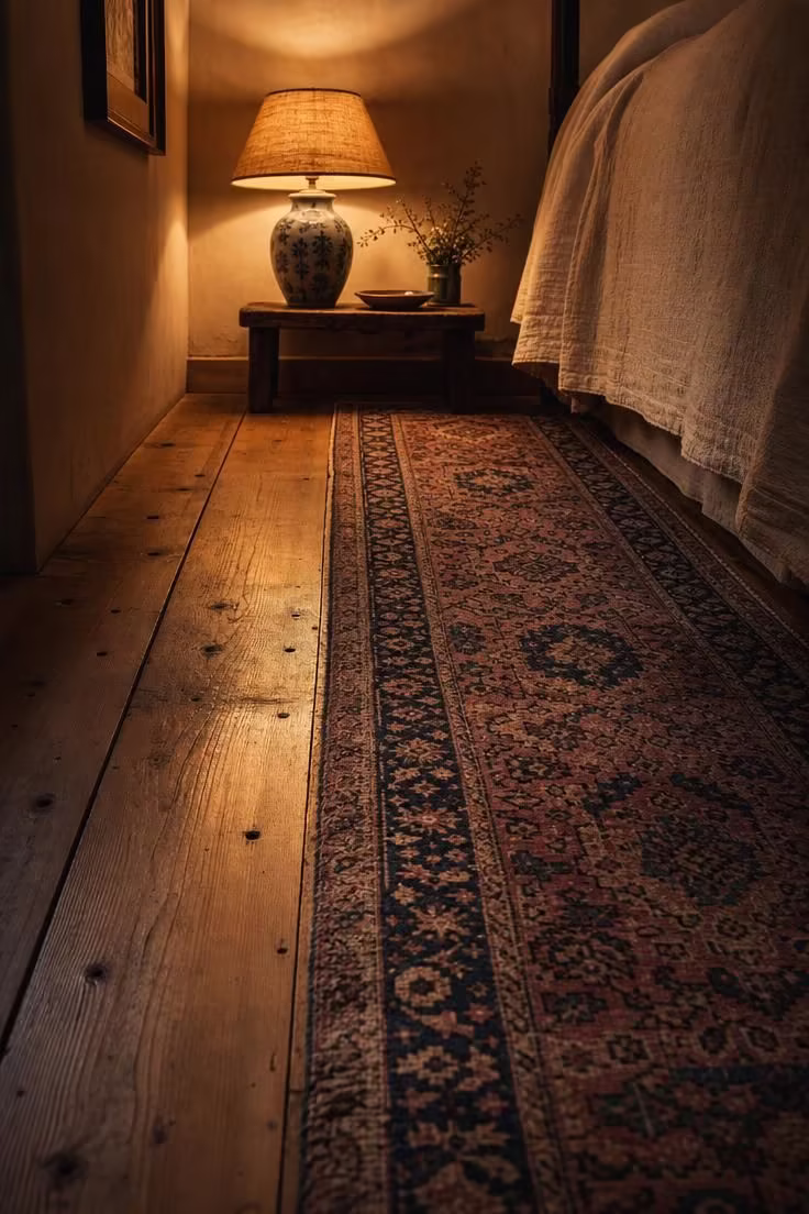 14 Cozy English Cottage Bedroom Ideas Full of Character 13 A faded Persian runner in rose and indigo on wide reclaimed pine floorboards with warm lamplight casting shadows in an english cottage bedroom.