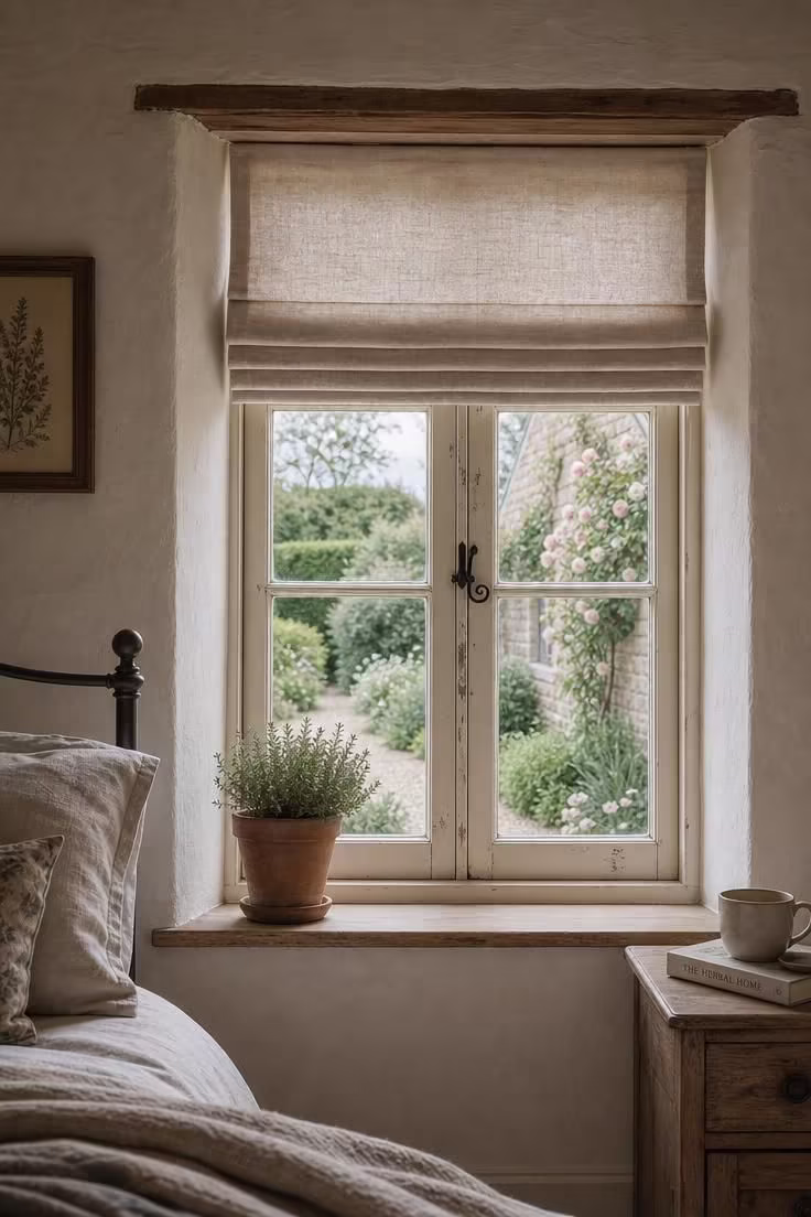 14 Cozy English Cottage Bedroom Ideas Full of Character 14 An oatmeal linen Roman blind half-raised on a deep-set cottage casement window with a thyme plant in terracotta on the sill and a green garden beyond.