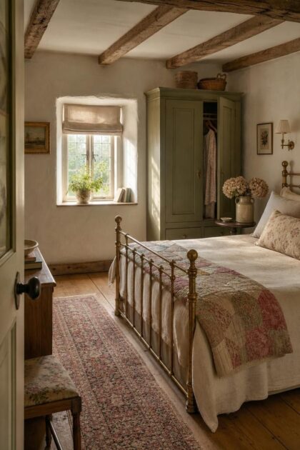 14 Cozy English Cottage Bedroom Ideas Full of Character A complete english cottage bedroom with a brass bed frame, patchwork quilt, exposed oak beams, sage green wardrobe, and warm golden afternoon light through a casement window.
