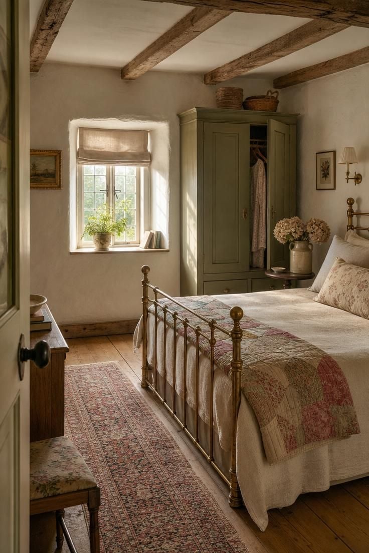 Simple Spaces 17 A complete english cottage bedroom with a brass bed frame, patchwork quilt, exposed oak beams, sage green wardrobe, and warm golden afternoon light through a casement window.