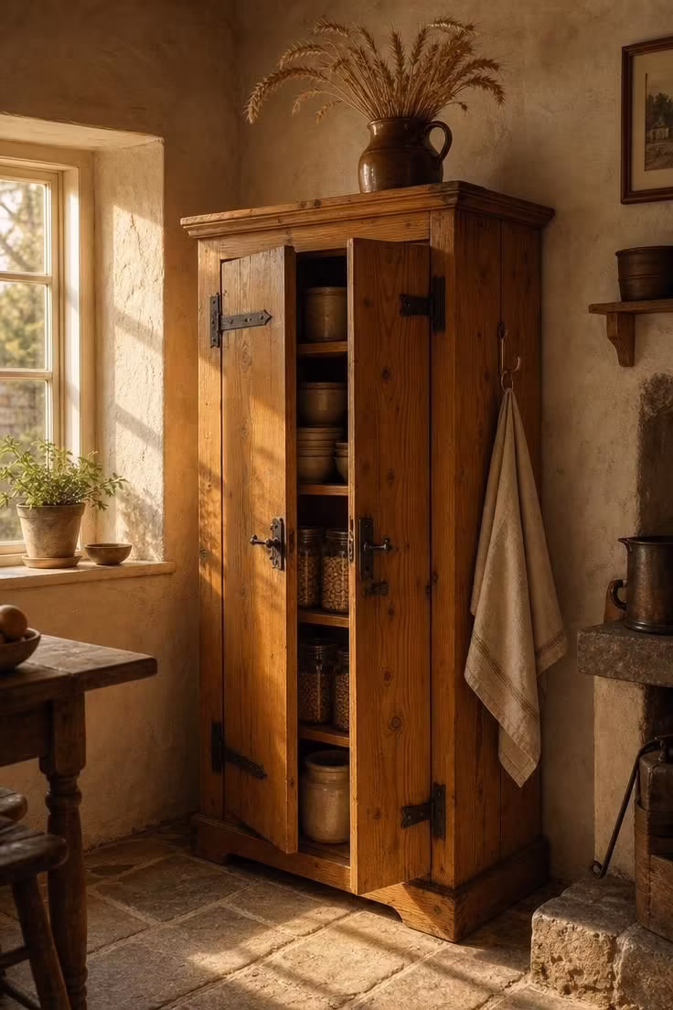 19 English Cottage Kitchen Ideas Full of Old World Charm 1 Freestanding pine larder cupboard with iron latch hardware in a sunlit english cottage kitchen with limewashed walls and flagstone floor.
