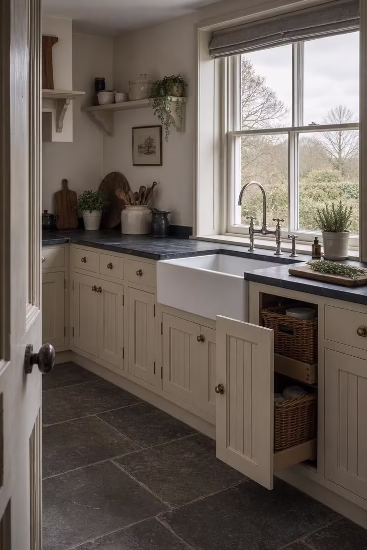 19 English Cottage Kitchen Ideas Full of Old World Charm 2 Honed slate worktops on cream painted tongue-and-groove cabinets with a white Belfast sink under a sash window on an overcast morning.