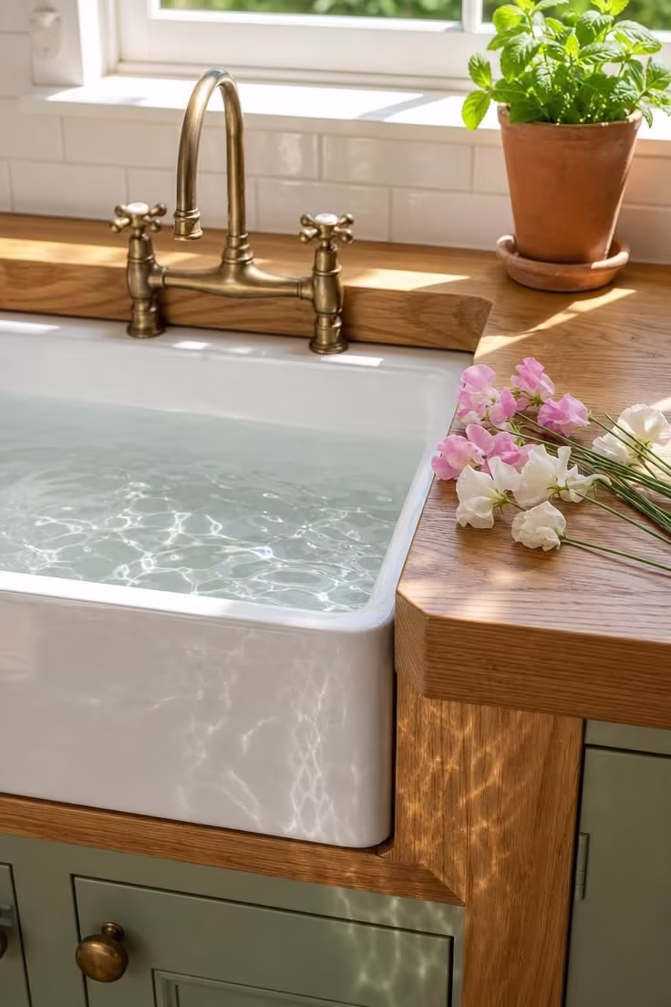 19 English Cottage Kitchen Ideas Full of Old World Charm 3 Close-up of a deep fireclay Belfast sink set in an oak surround with sweet peas and bright midday light.