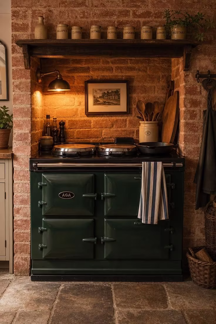 19 English Cottage Kitchen Ideas Full of Old World Charm 5 Hunter green Aga range cooker set into a brick-lined alcove with brass wall sconce and stoneware spice jars.
