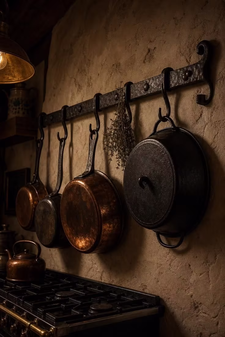 19 English Cottage Kitchen Ideas Full of Old World Charm 6 Hand-forged wrought iron pot rail with hanging copper pans and cast-iron cookware in a moody low-lit cottage kitchen.