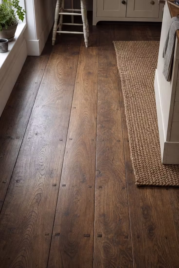 19 English Cottage Kitchen Ideas Full of Old World Charm 7 Wide-plank elm floorboards with peg-joint detailing and a jute runner in a cottage kitchen under cool overcast light.
