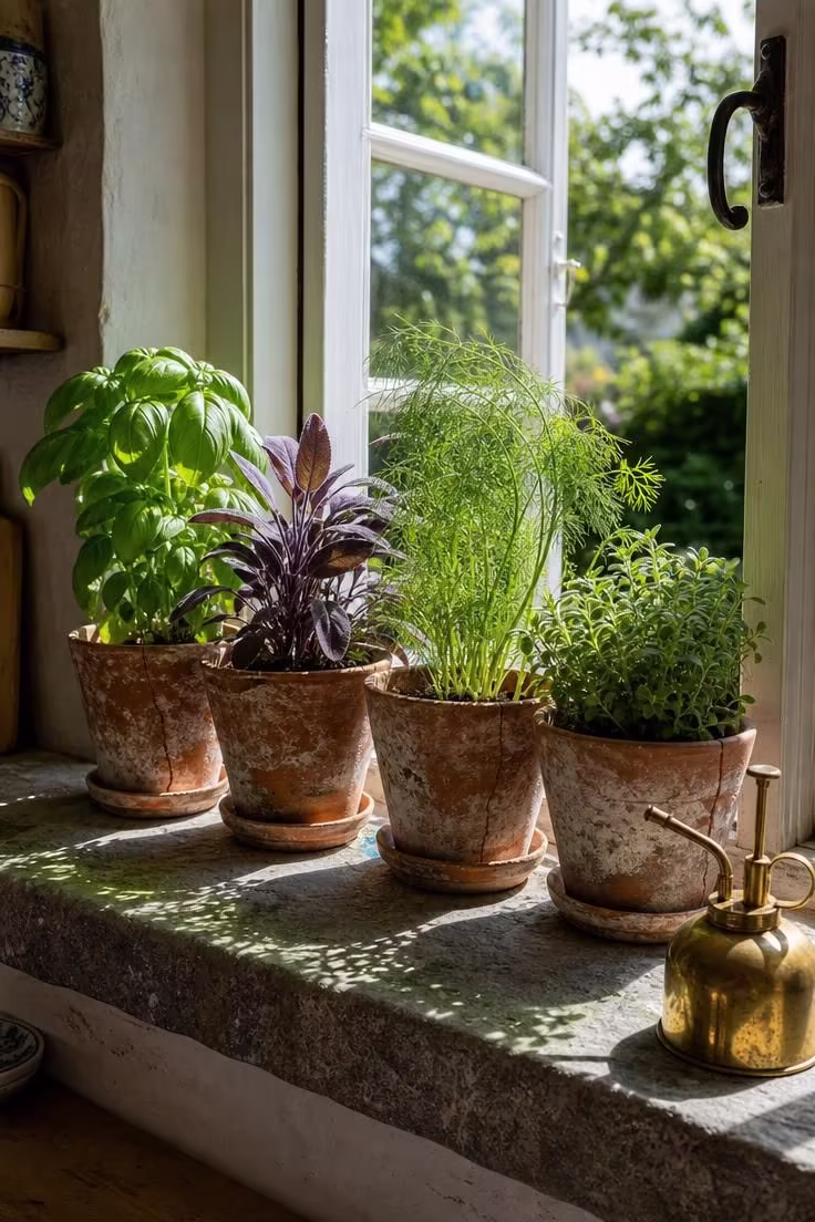 19 English Cottage Kitchen Ideas Full of Old World Charm 8 Row of aged terracotta seed pots with fresh herbs on a stone windowsill in bright midday light.