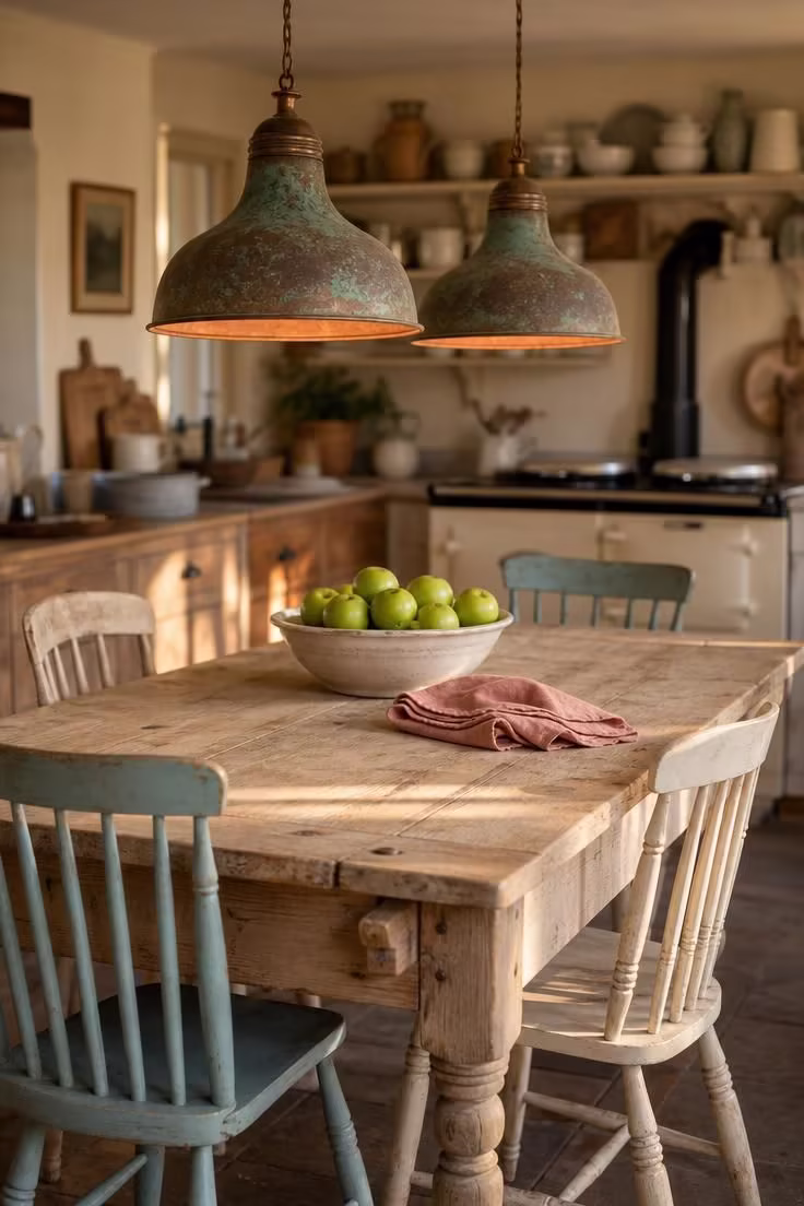 19 English Cottage Kitchen Ideas Full of Old World Charm 9 Two aged copper pendant lights with verdigris patina hanging over a scrubbed pine table with mismatched painted chairs.