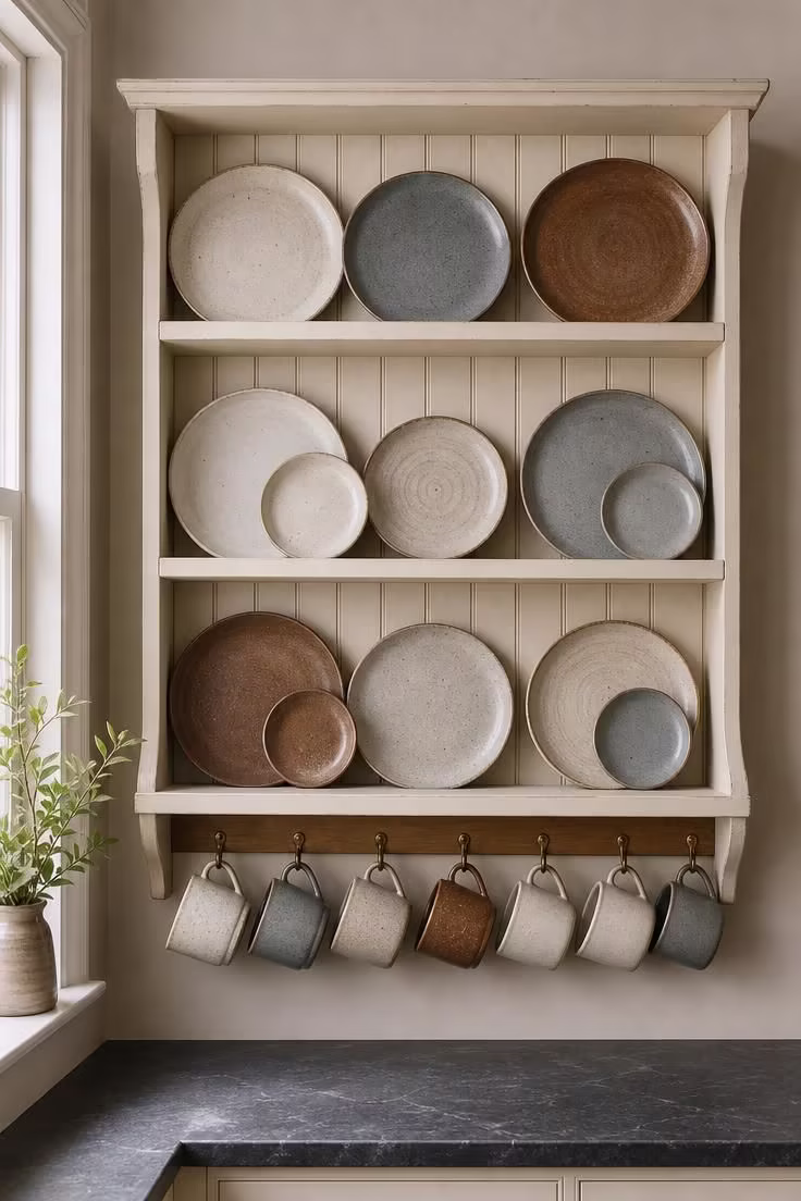 19 English Cottage Kitchen Ideas Full of Old World Charm 10 Beadboard-backed open plate rack in antique white displaying mixed stoneware plates and hanging mugs.