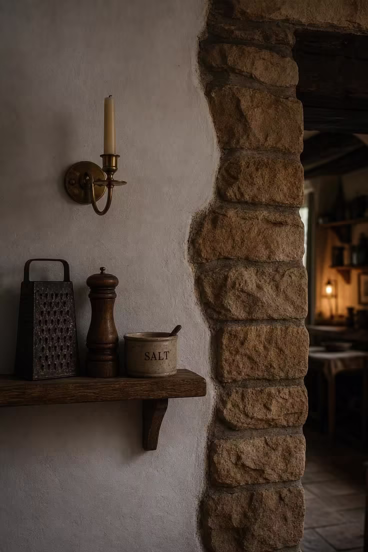 19 English Cottage Kitchen Ideas Full of Old World Charm 11 Limewashed plaster wall meeting exposed stone quoins at a doorway corner with a brass sconce and vintage kitchen accessories on an oak shelf.