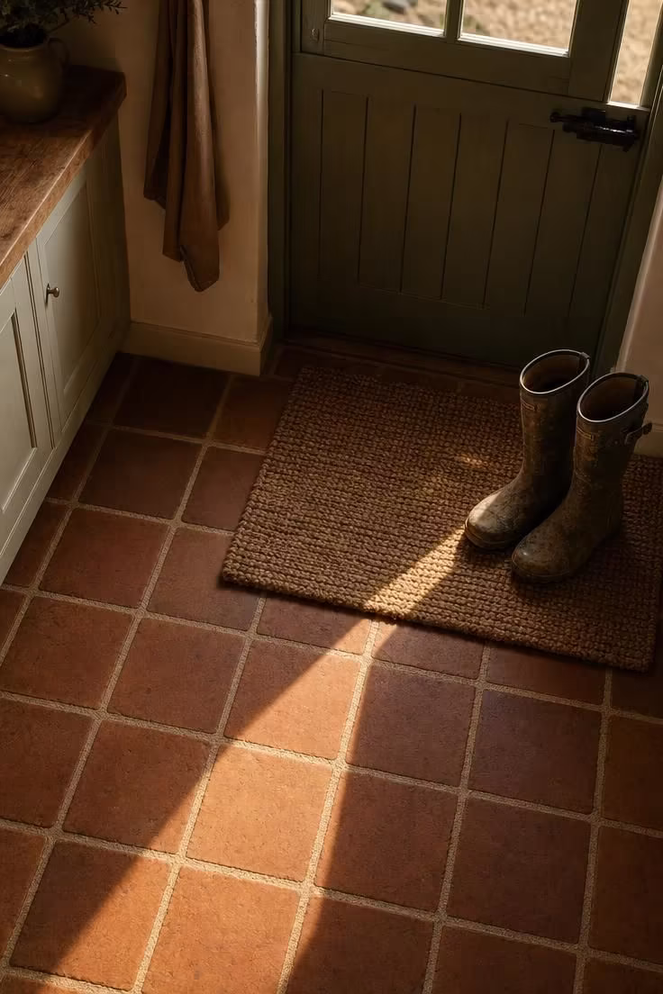 19 English Cottage Kitchen Ideas Full of Old World Charm 13 Warm umber quarry tile flooring with wide sandy grout lines and a seagrass doormat near a stable door in golden afternoon light.