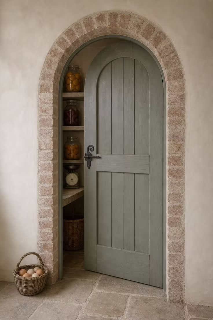 19 English Cottage Kitchen Ideas Full of Old World Charm 14 Arched pantry doorway with grey-green plank-and-batten door, wrought iron thumb latch, and a basket of eggs on the flagstone floor.