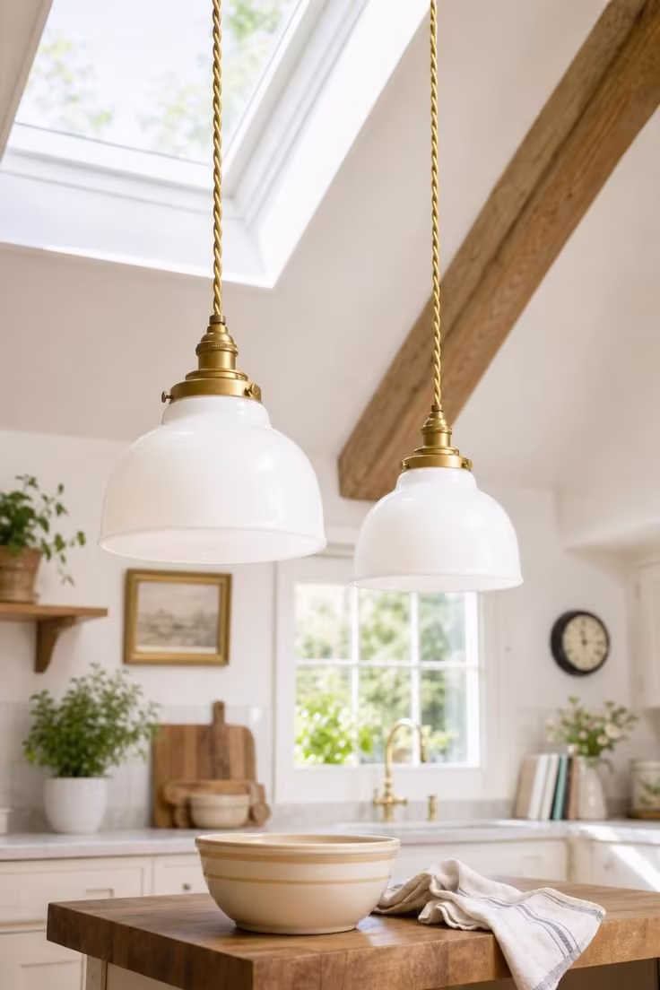 19 English Cottage Kitchen Ideas Full of Old World Charm 15 Milk glass pendant shades on twisted brass cord hanging below a skylight with an oak beam and butcher block island.