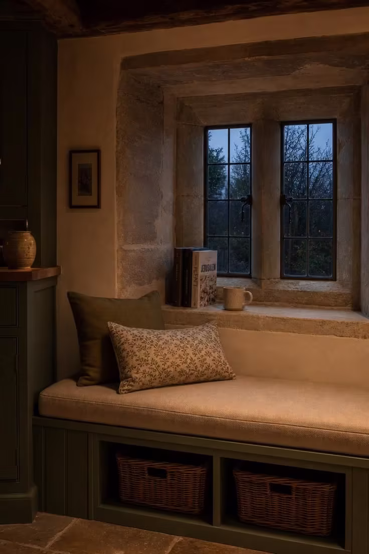 19 English Cottage Kitchen Ideas Full of Old World Charm 16 Built-in window seat with oatmeal linen cushion and sage green tongue-and-groove paneling beneath a deep-set casement window at dusk.