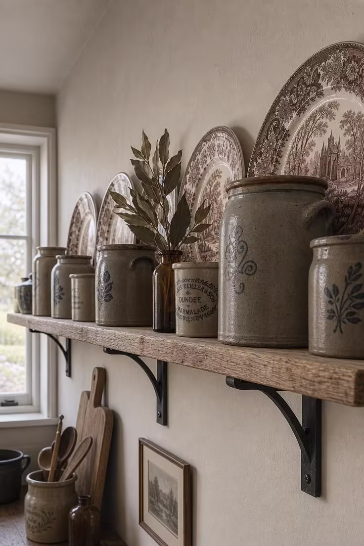 19 English Cottage Kitchen Ideas Full of Old World Charm 17 Narrow oak ledge shelf displaying stoneware crocks and brown transferware plates against a cream cottage kitchen wall.