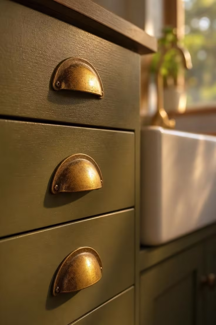 19 English Cottage Kitchen Ideas Full of Old World Charm 18 Close-up of unlacquered brass cup pulls developing patina on olive green painted flat-panel kitchen drawers in warm golden light.