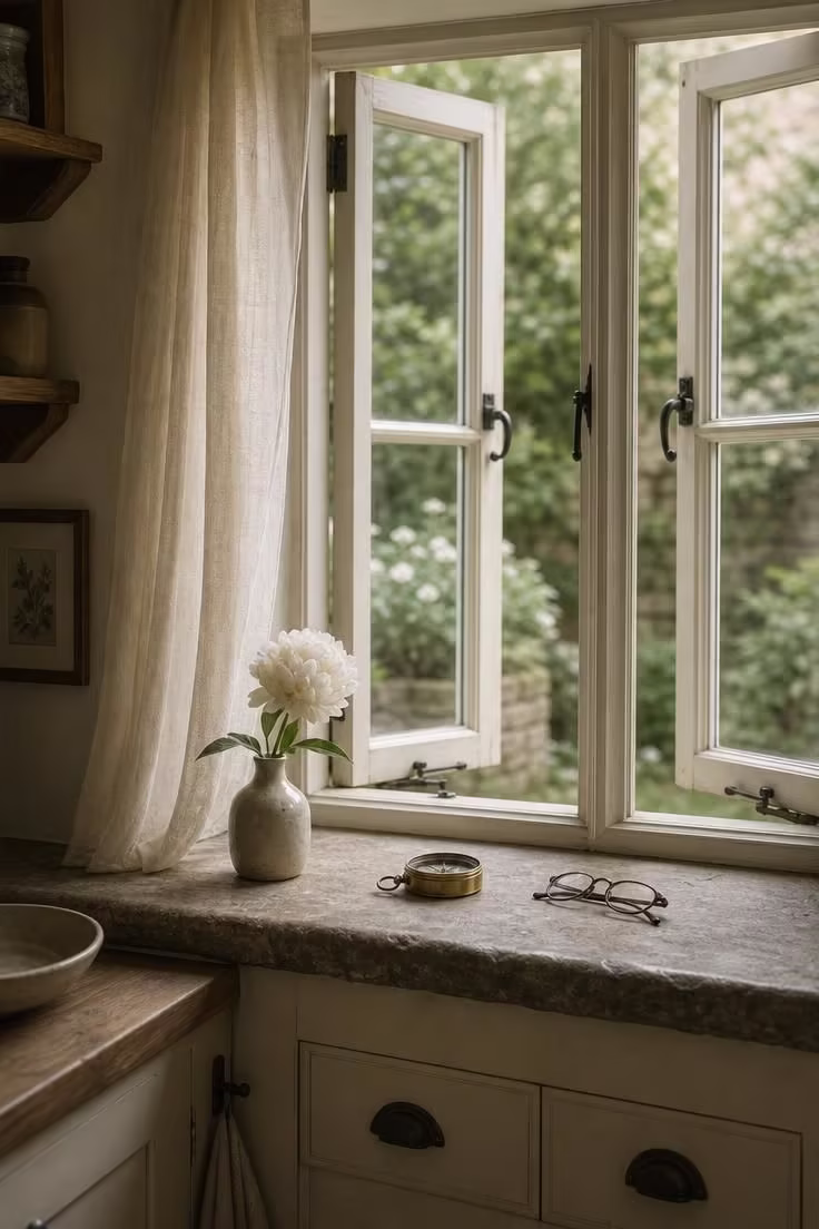 19 English Cottage Kitchen Ideas Full of Old World Charm 19 Casement windows with cream painted mullions and deep stone sills displaying a peony bud vase and brass compass in soft diffused light.