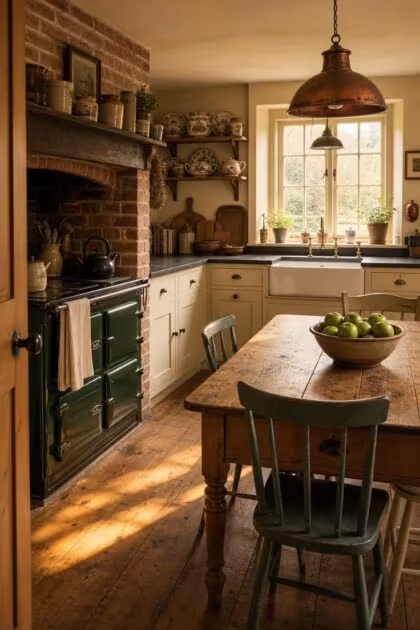 19 English Cottage Kitchen Ideas Full of Old World Charm Complete english cottage kitchen with cream shaker cabinets, hunter green Aga, slate worktops, pine table, copper pendants, and Belfast sink in warm golden afternoon light.