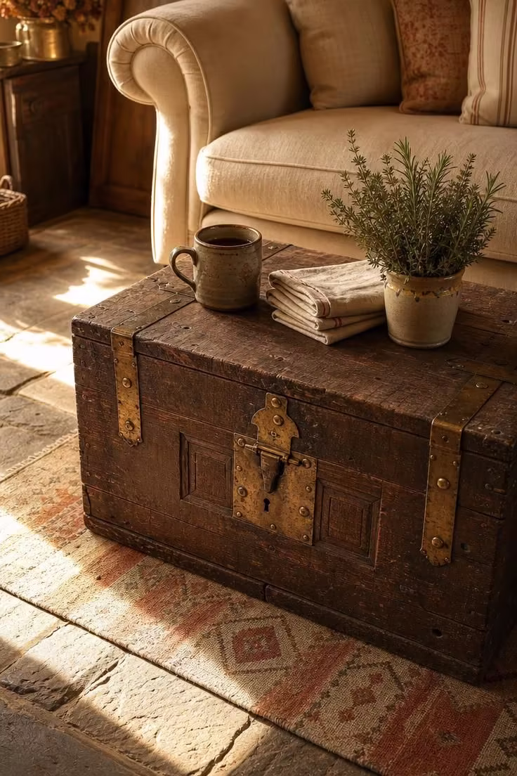 17 English Cottage Living Room Ideas Full of Character 1 A low oak coffer with brass hinges used as a coffee table in an english cottage living room with flagstone flooring and warm afternoon light.