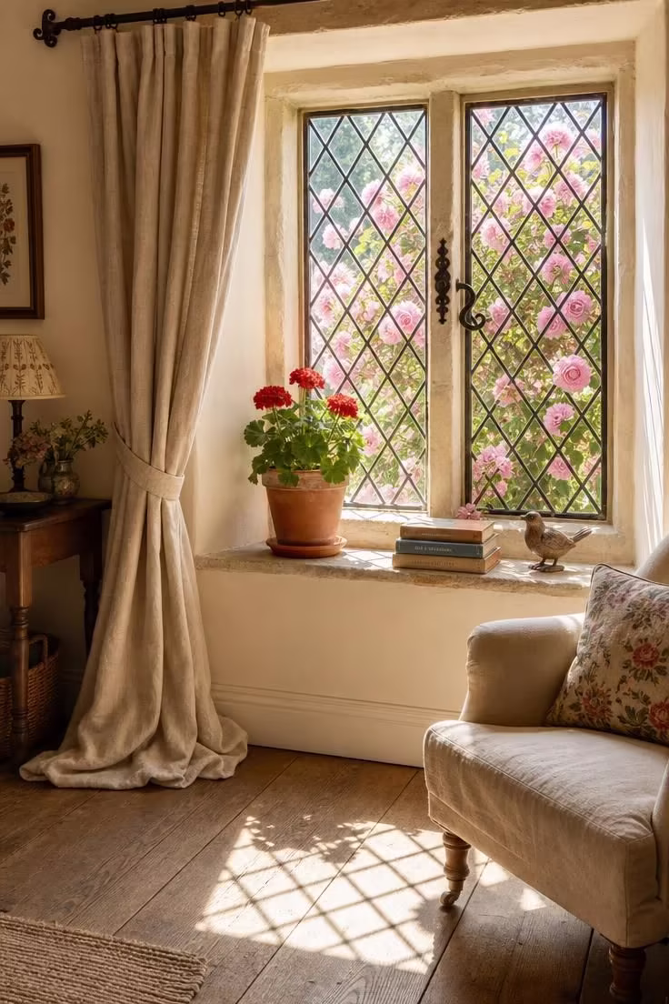 17 English Cottage Living Room Ideas Full of Character 2 Bright midday light streaming through a deep stone casement window with climbing roses outside in an english cottage living room.
