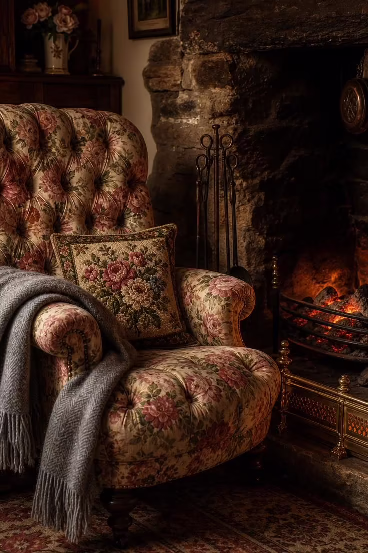 17 English Cottage Living Room Ideas Full of Character 3 A button-tufted chintz floral armchair beside a stone inglenook fireplace with glowing embers in an english cottage living room.