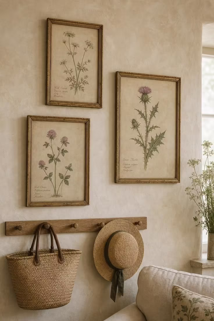 17 English Cottage Living Room Ideas Full of Character 4 Lime wash walls in warm cream with gilt-framed botanical prints and an oak peg rail in an english cottage living room.