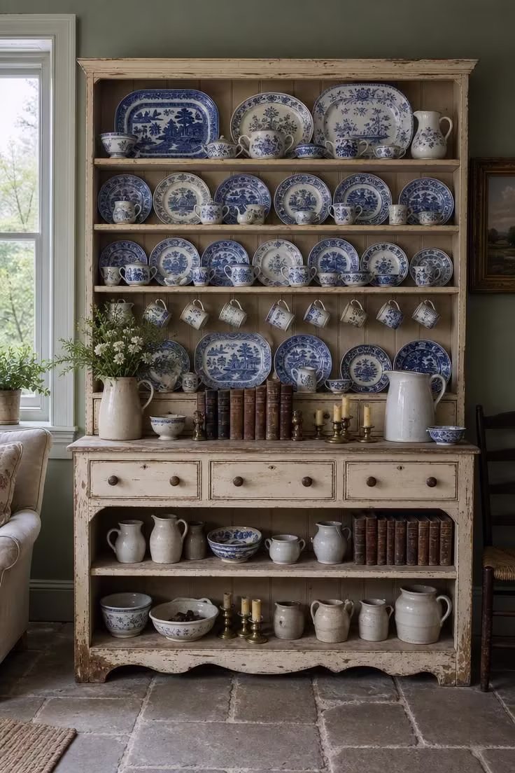 17 English Cottage Living Room Ideas Full of Character 5 A Welsh dresser stacked with blue-and-white transferware and ironstone pitchers in a sage green english cottage living room.