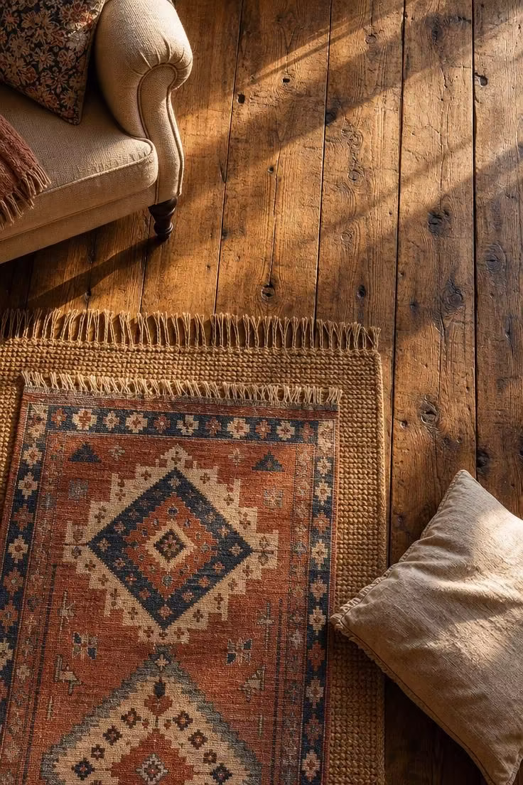 17 English Cottage Living Room Ideas Full of Character 6 An overhead view of reclaimed elm floorboards with a layered kilim and jute rug in a warm english cottage living room.