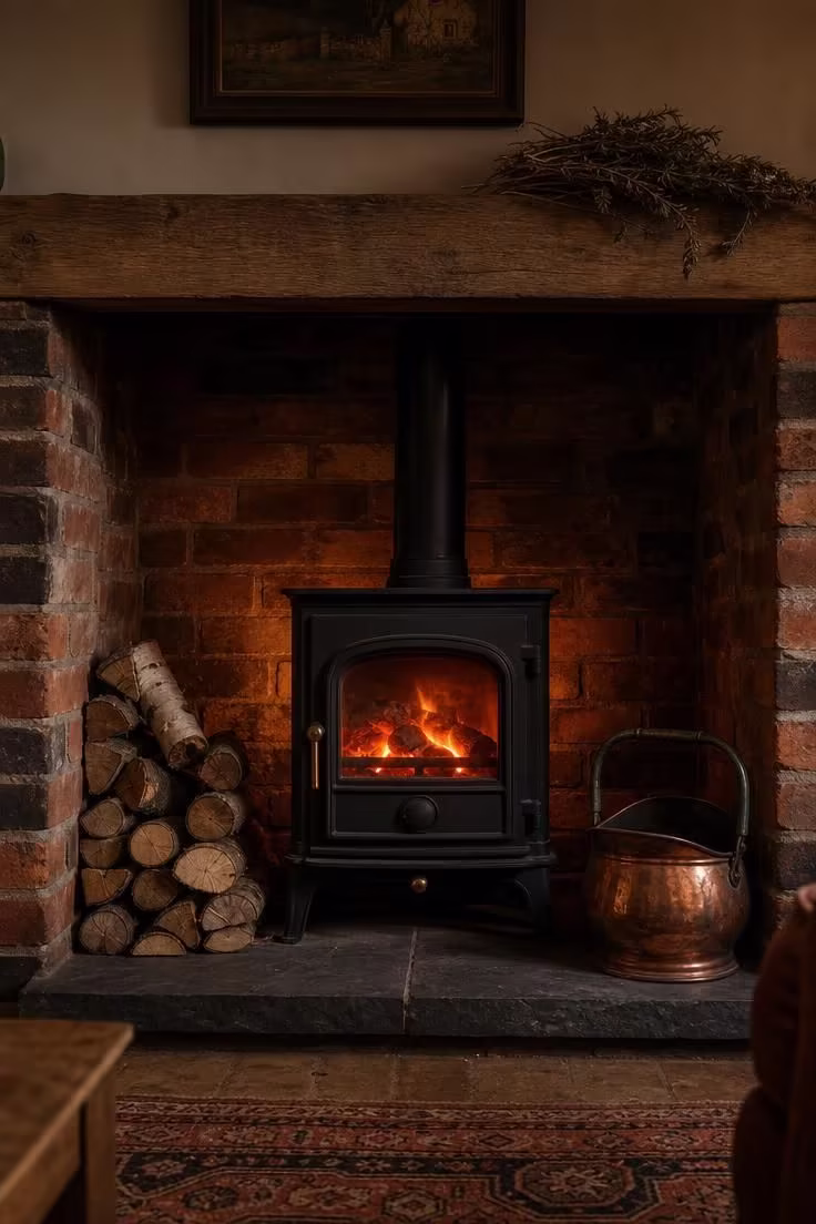 17 English Cottage Living Room Ideas Full of Character 7 A matte black cast-iron stove inside a brick hearth alcove with split logs and a copper coal scuttle in an english cottage living room.