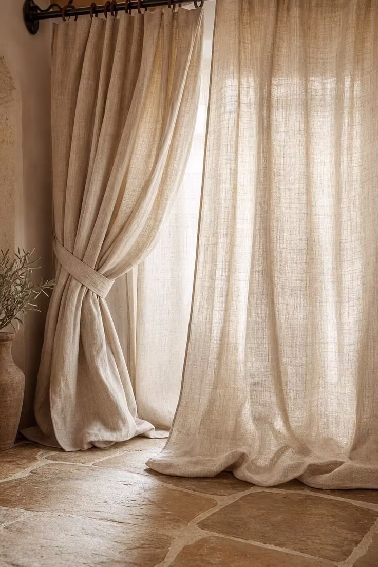 17 English Cottage Living Room Ideas Full of Character 8 Gathered oatmeal linen curtains pooling on a sandstone flagstone floor in a softly lit english cottage living room.
