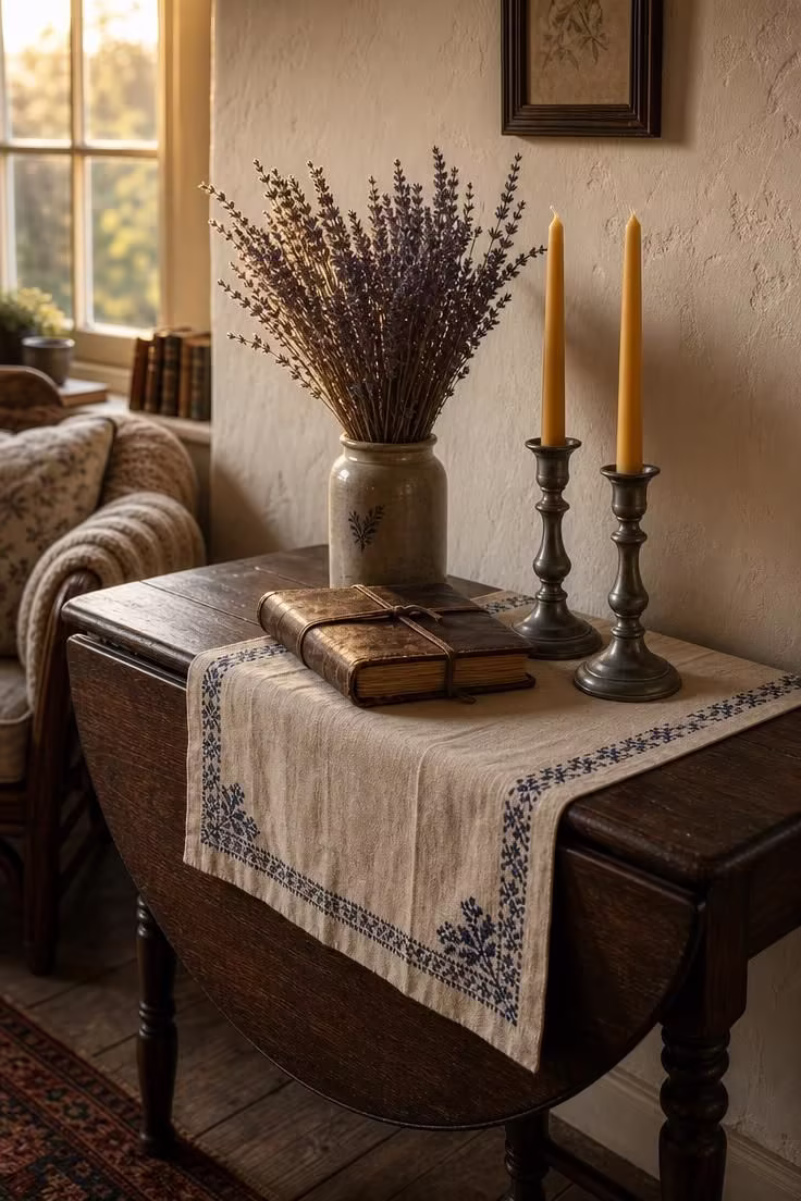 17 English Cottage Living Room Ideas Full of Character 9 A dark oak gate-leg table with pewter candlesticks and dried lavender in golden evening light in an english cottage living room.