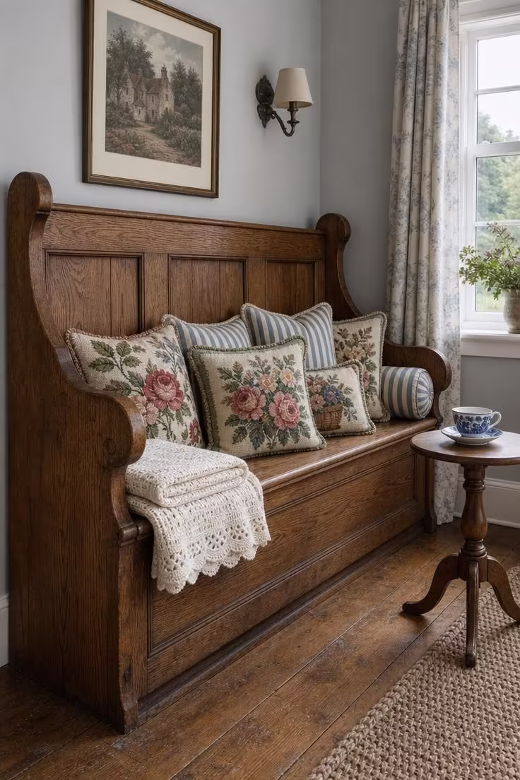 17 English Cottage Living Room Ideas Full of Character 10 A high-backed oak settle bench with needlepoint cushions and ticking-stripe bolsters in a cool-lit english cottage living room.