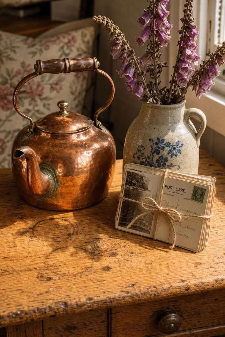 17 English Cottage Living Room Ideas Full of Character 11 A copper kettle and stoneware jug with dried foxgloves on a worn pine side table in bright midday light.
