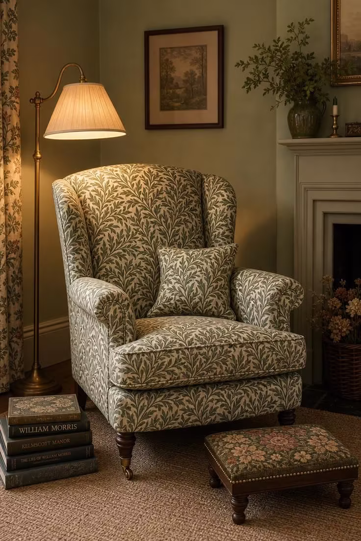17 English Cottage Living Room Ideas Full of Character 13 A deep reading chair in William Morris Willow Boughs print with a brass floor lamp in an english cottage living room.