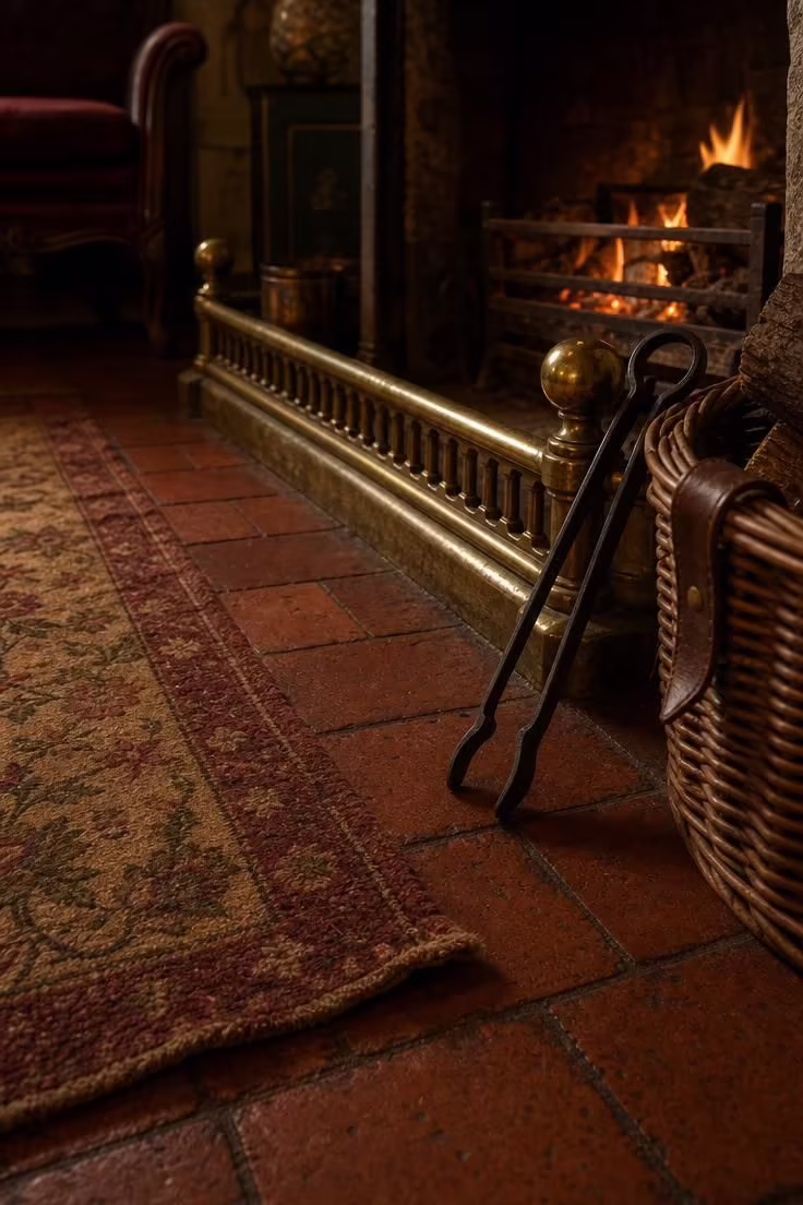 17 English Cottage Living Room Ideas Full of Character 14 Red quarry tile hearth with an embroidered wool fireside rug and brass fender in a moody english cottage living room.