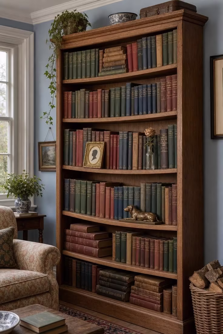 17 English Cottage Living Room Ideas Full of Character 15 A freestanding oak bookcase overflowing with cloth-bound books against a Wedgwood blue wall in an english cottage living room.