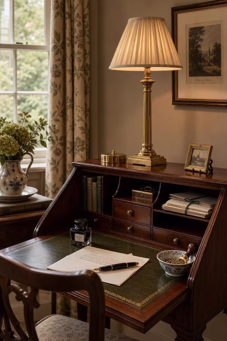17 English Cottage Living Room Ideas Full of Character 16 A brass table lamp with a cream silk shade on a mahogany writing desk with fountain pen and correspondence in an english cottage living room.