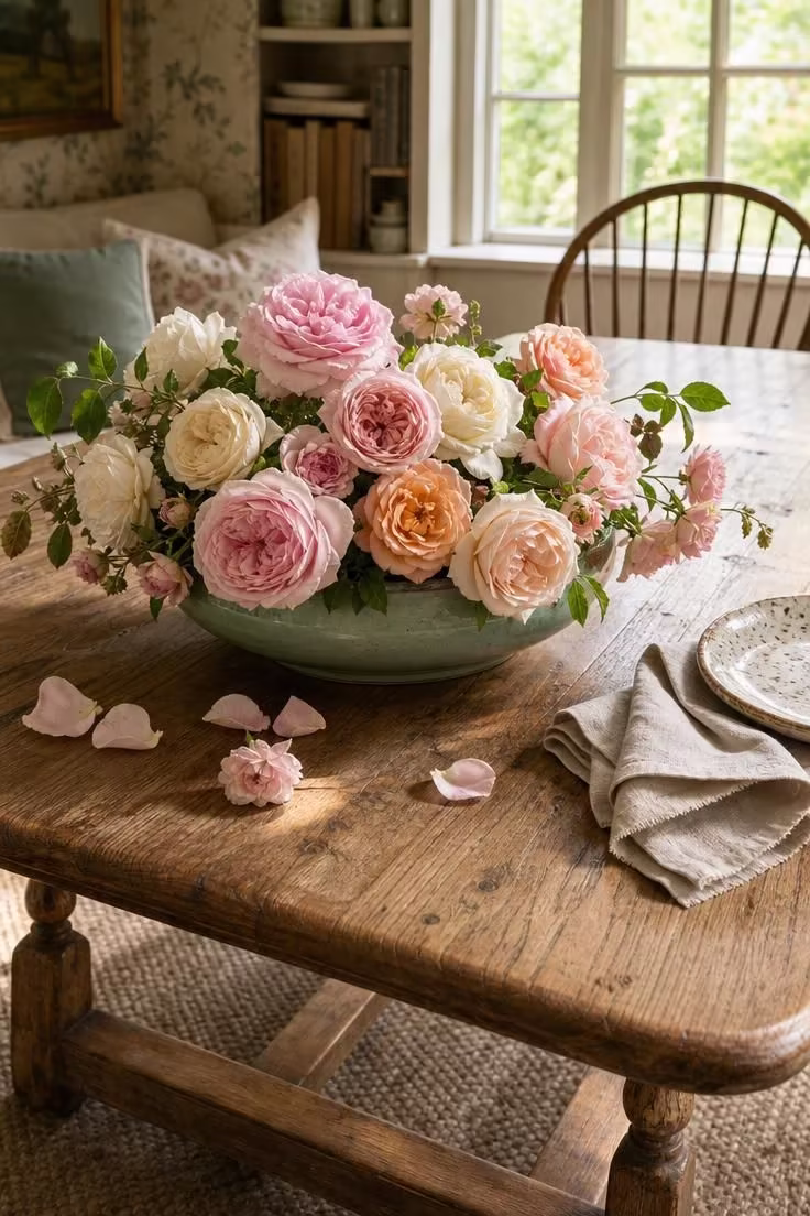 17 English Cottage Living Room Ideas Full of Character 17 A low stoneware bowl of pale garden roses on a worn elm refectory table in bright natural light in an english cottage living room.