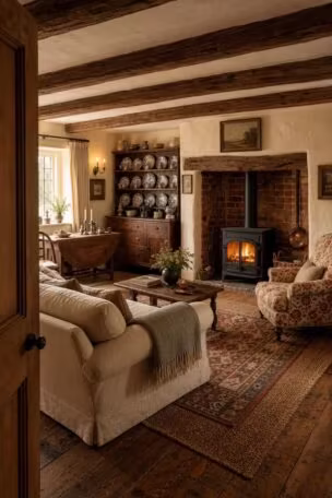 A complete english cottage living room with exposed beams, a cast-iron stove, chintz armchair, Welsh dresser, and warm golden afternoon light viewed from the doorway.