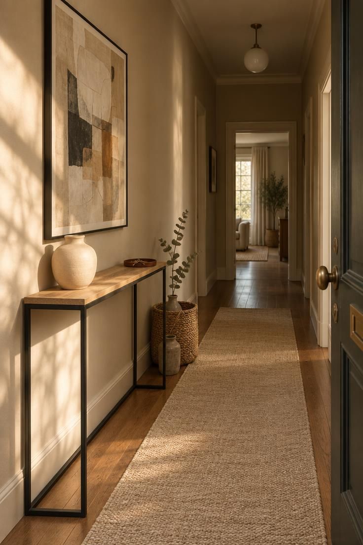 11 Warm Entrance Hallway Ideas for a Tiny First Impression 1 A narrow entrance hallway with a slim black and oak console against one wall, a large framed abstract above it, and an oatmeal runner leading past.