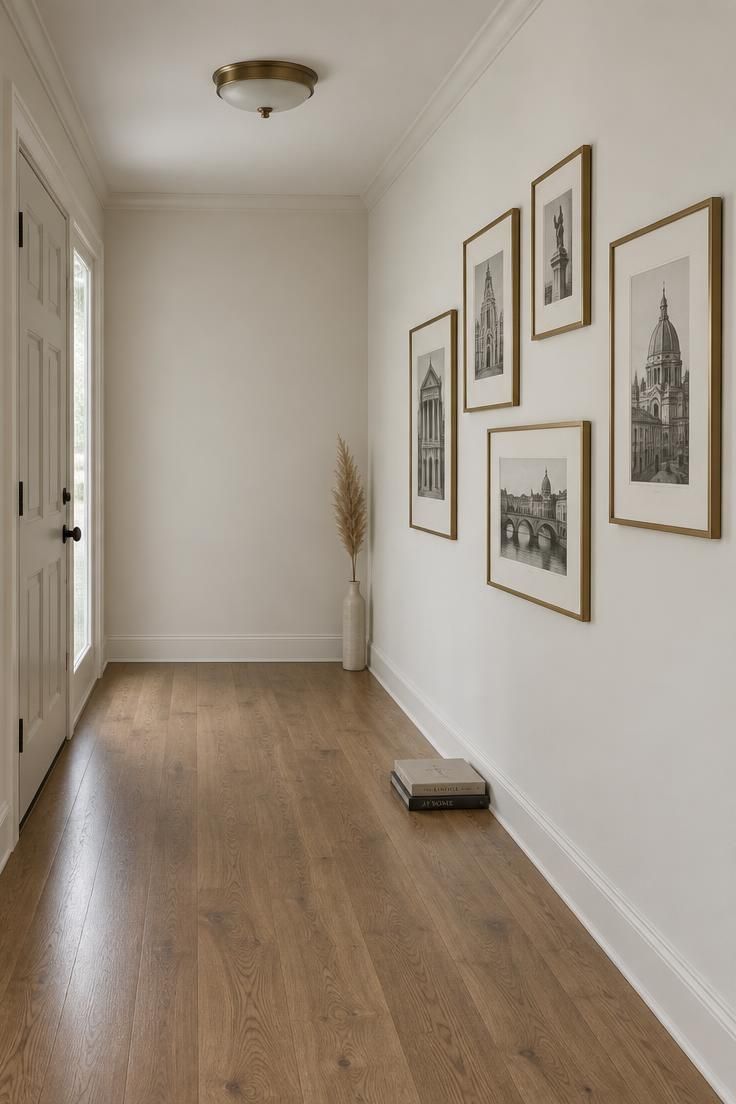 11 Warm Entrance Hallway Ideas for a Tiny First Impression 2 A narrow entrance hallway with five brass-framed prints arranged along one long wall, the end wall left bare, and a flush ceiling light overhead.