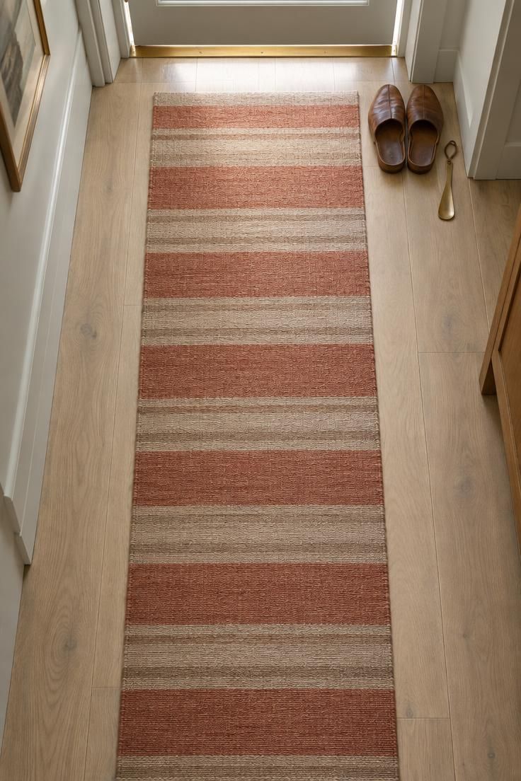 11 Warm Entrance Hallway Ideas for a Tiny First Impression 3 Overhead view of a narrow entrance hallway with a striped flatweave runner centered on the walking line and floor visible on both sides.